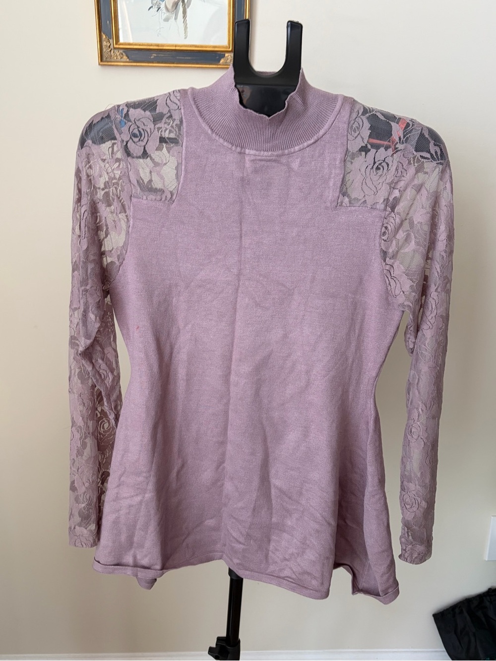 Questions Mauve Lace Sleeve Mock Neck Peplum Sweater Top Womens L